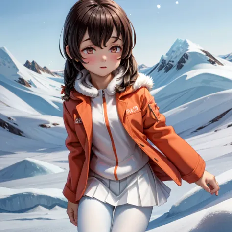 1girl, (arctic, outdoor, snowfield:1.3), 
SouyaKC, hooded jacket, orange jacket, long sleeves, pleated skirt, white skirt, white pantyhose), head and shoulder, face close-up, face focus,
 