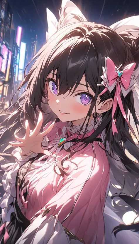 ((AZKi)), A highly detailed anime-style illustration of AZKi, the virtual singer from Hololive, elegantly reaching out her hand towards the viewer. She stands against a softly lit evening cityscape, her long black hair with signature pink highlights gently...