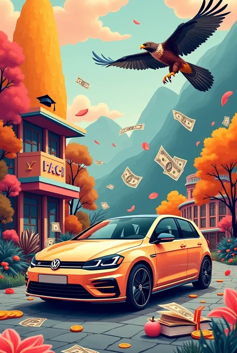 "Create an aesthetic collage-style phone wallpaper featuring the following elements:

A humble Volkswagen Golf car, symbolizing practicality and personal growth.
An item representing academic success, like books, a graduation cap, or study tools, symbolizi...