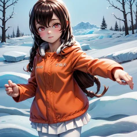 1girl, (arctic, outdoor, snowfield:1.3), 
SouyaKC, hooded jacket, orange jacket, long sleeves, pleated skirt, white skirt, white pantyhose), head and shoulder, face close-up, face focus,
 