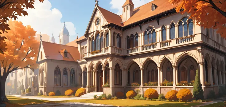 A background ((exterior image)) of a wide and long renaissance architecture rectangular building, with various windows, with Stained-glass windows, Romanesque architecture, Decorated gothic walls, detailed architecture, red roof and stone brick walls, oran...