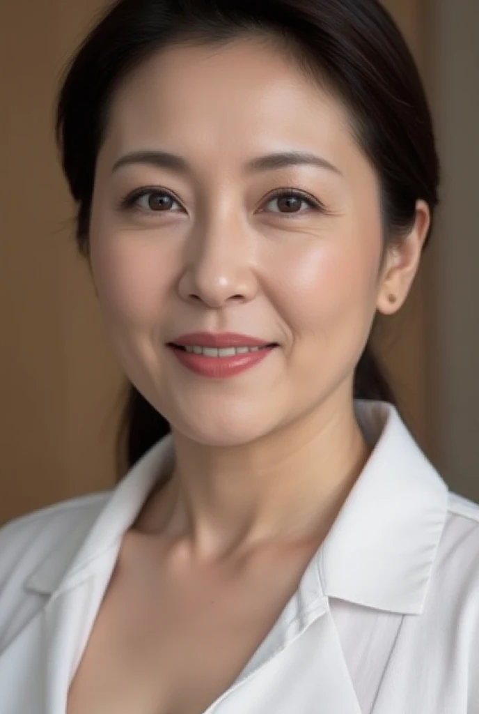   mature woman、  Japanese、48 years old (Mature Beauty: 1.5)、 kind, Enchanting Smiles 、( nasolabial folds :1.4)、  Natural Aging  、Warm Eyes 、(  upper body close-up shot :1.3)、  Soft  , Natural wrinkles 、  clean skin (1.4)、  very detailed (1.4)、 Unmatched Be...