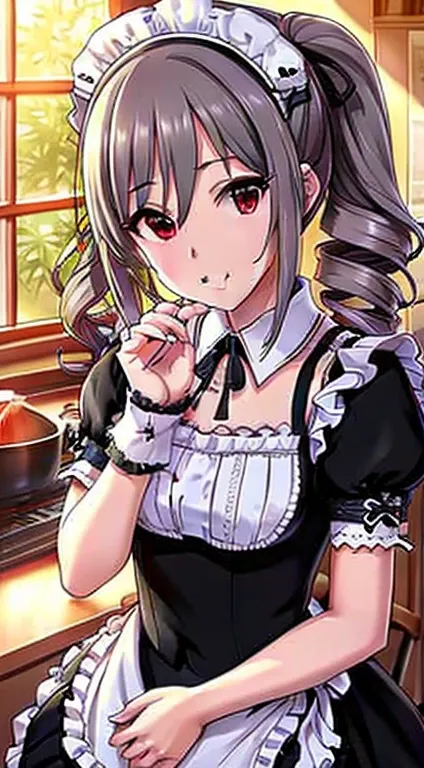 (( top quality)),( super A high resolution),( Super Detail),(( Best Anime )),Sharpness, Vivid :1.1, amazing depiction of art , ( 1 woman),(( beauty in return :1.5)),((Maid:1.7)), apron, show me underwear:1.5,  kitchen,  Grey Hair ,  Red Eyes,  1 girl, Alon...