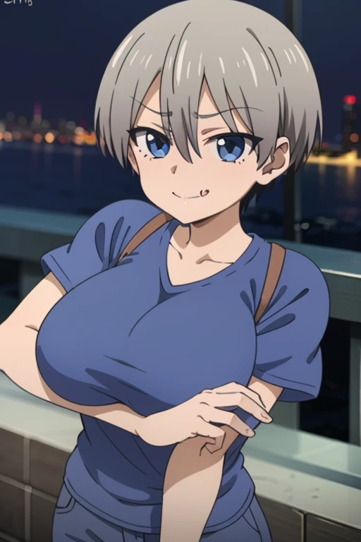 The best quality ,  high resolution sweatshirt, city, ,1 girl,  Dresses, 1 girl, short hair,blue eyes,blows,skin fang, gray hair ,fang, hair between the eyes ,  smile,   looking at the spectator, cowboy shot, tank top, Denim shirts,  huge breasts,  blushin...