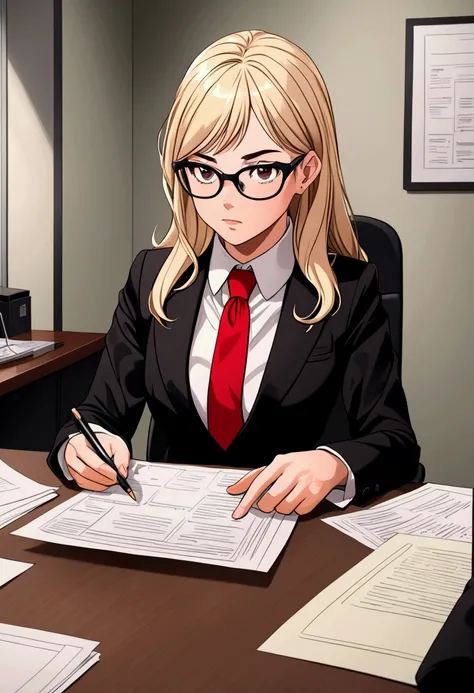 Callie Briggs sitting in an office in a black suit and red tie sitting in a chair in front of a desk reading some papers