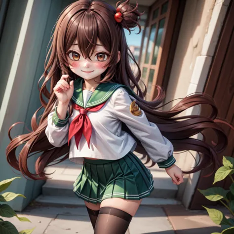 (masterpiece, best quality:1.2),illustration,8k,hd,1girl,solo,very long hair,brown hair,serafuku,smile,crescent pin,blush,pleated skirt,black thighhighs,red neckerchief,green skirt,brown eyes,long sleeves,hair between eyes,green sailor collar,long sleeves,