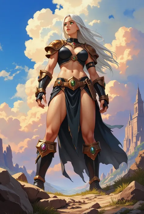 A powerful female warrior stands firmly on the ground, ready for battle, with a wide stance. She has long straight white hair, green eyes, and a muscular body. She wears a (black top) with copper trim, a (black pelvic curtain) that occasionally catches the...