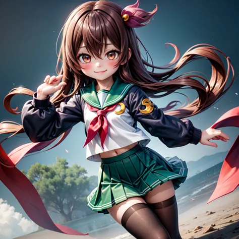 (masterpiece, best quality:1.2),illustration,8k,hd,1girl,solo,very long hair,brown hair,serafuku,smile,crescent pin,blush,pleated skirt,black thighhighs,red neckerchief,green skirt,brown eyes,long sleeves,hair between eyes,green sailor collar,long sleeves,