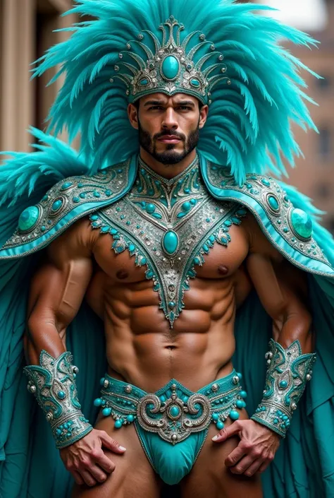  The image presents a muscular individual who stands out both for his impressive physique and for his vibrant and elaborate clothing.  His toned and well-defined body is enhanced by a spectacular carnival costume ,  which is decorated with intricate design...