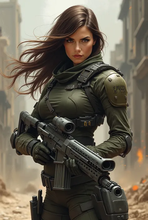 I want a woman who is tall 1 , 62 brown eyes black eyebrows brown hair I want her to be dressed for war and have a more gamer weapon