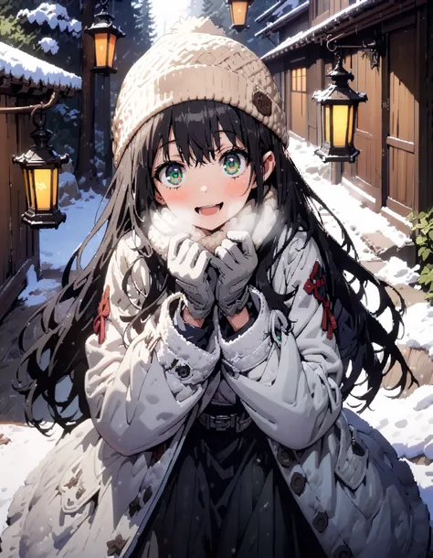 Prohibited bibliography,  Green Eyes,  Lantern,  long hair,smile,blush, open your mouth, White Breath, White Down Coat ,White muffler, knitted hat ,grey gloves ,Black long skirt, boots,morning, standing,snow,whole bodyが illustration に入るように,                ...