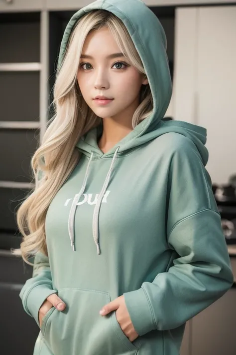 woman　blonde hair grey eyes long hair　 hoodie（green）