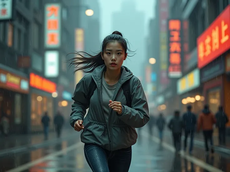 Twenty-year-old South Korean girl running through a city on a rainy day