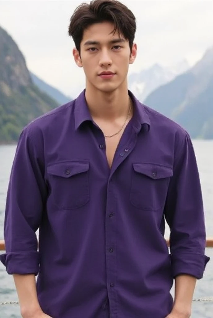 a man in a purple shirt standing on a boat, inspired by Adam Dario Keel, instagram, shin hanga, cai xukun, cottagecore!! fitness body, gofl course and swimming, tourist destination, [ realistic photo ]!!, hiking clothes, wearing tight shirt, 2 0 2 2 photo,...