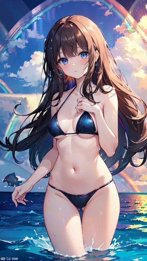 ((( Masterpiece、 high resolution、 high quality、delicate、Ultra- high resolution、8k))) 1 woman、 brown hair、 curly hair 、 blue eyes、Dark lips、 glowing skin、 micro bikini、break, ocean 、 beach、dolphin🐬、Water Drop、(There is a rainbow:1.5)🌈、 evening、sunset