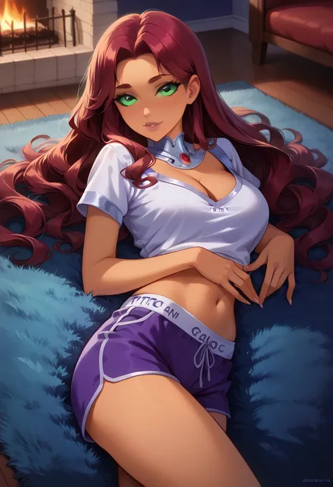 score_9, score_8_up, score_7_up, score_6_up, rating_questionable, cinematic film still, 1girl, solo, very sexy (Starfire from  Titans, flowing hair:1.4), (beautiful waifu, thicc:1.5), wearing c pajama shorts and top, short sleeves, navel, cleavage, filled ...