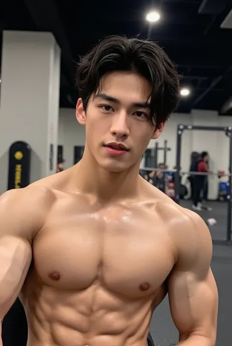 a shirtless man sitting on a chair in a gym, inspired by Gong Xian, reddit, gorgeous chinese model, (sfw) safe for work, selfie shot straight on angle, happy with his mouth open, 🔥 😎 🕹️ 👀 :2, cutecore, sweaty 4 k, muscle definition, cute young man, kanliu6...