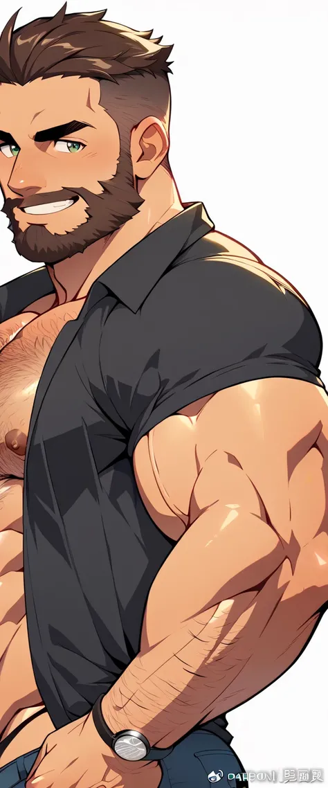 a handsome bearded tattoed hairy muscled man half naked, open his black shirt, half naked, smile, green eyes, brown hair, short haircut, very handsome, big arms, thin waist, big chest, small nipples, perfect anatomy, average penis, pretty testicles, erecte...