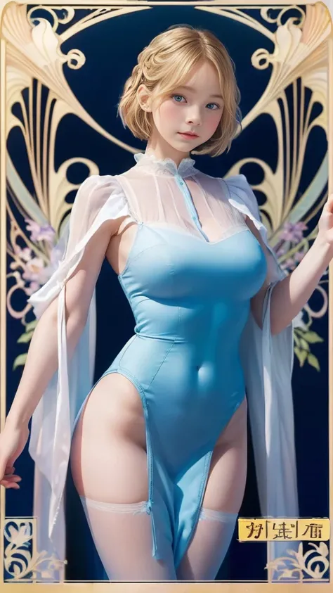 Emma Myers,  absurd,  top quality, 1 girl, Alone,  bright blonde ,  (Simple Space ), (( art nouveau style poster)),  standing、（Big Breasts、transparent high leg one-piece dress、 mid-length bangs、 pussy、 braids、 long hair：3）、 pantyhose、Fairy、