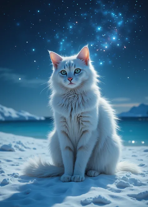 Realistic beautiful cat 、 beautiful coat 、( full body photo)、 A Midsummer Night's Dream、 sitting on the white sands of calm waters as the moon sets、The background is the galaxy、 fairy tale