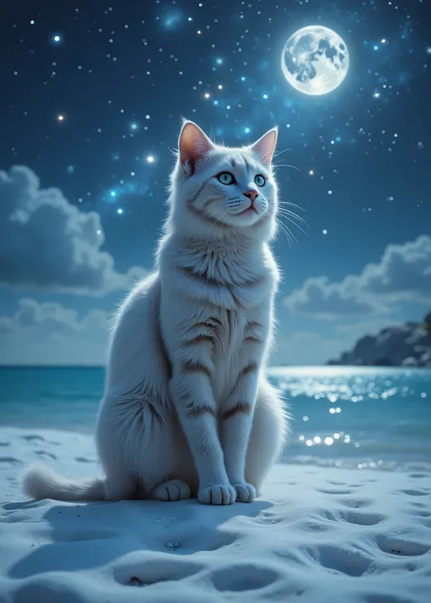 Realistic beautiful cat 、 beautiful coat 、( full body photo)、 A Midsummer Night's Dream、 sitting on the white sands of calm waters as the moon sets、The background is the galaxy、 fairy tale