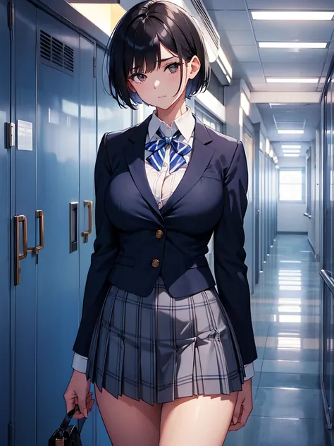  A beautiful girl is standing in the school hallway,  looking at the viewer, I'm squinting,The neck is visible, navy blue blazer, white blouse,  Plaid Pleated Skirt,( Short Black Hair ),(Big Breasts:1.3), high image quality 