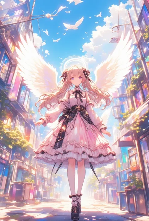 watercolor, pastel color, ultra detailed beautiful moe anime, cute chibi angels, black and pink frilly lolita, frilly long sleeves, too many frills, black and pink, In the city of light, bathed in soft light and gentle hues, an ethereal atmosphere reminisc...