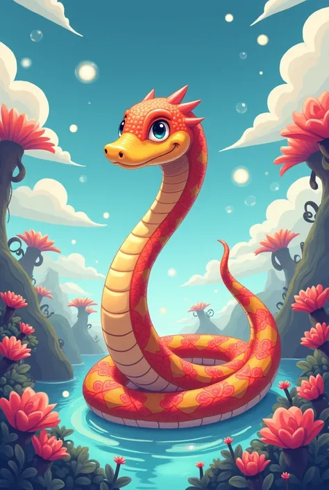 Draw a simple anime cartoon fantasy snake picture.