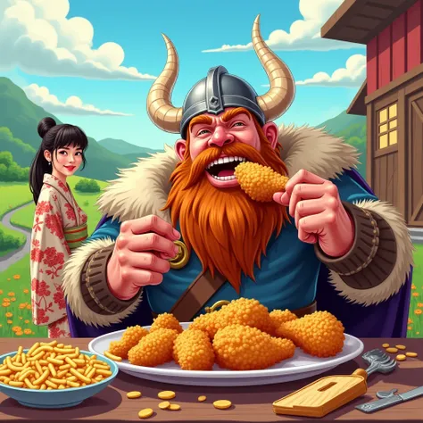 Viking eating fried chicken in animated Kentucky advertising style. En el fondo una china con fleco y kimono