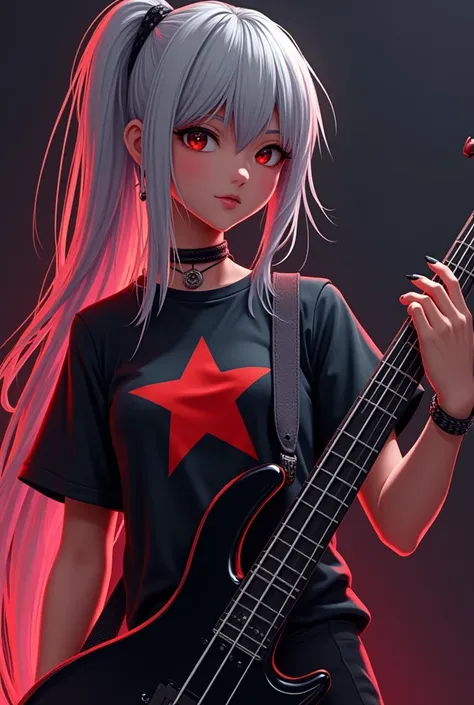 Girl Bass Player Beautiful Face Sexy With Silver Hair and Eyes Amber Color and Black Skin Wears a T-shirt and Pants with the Red Jack Logo wears a bass guitar Electric hair tied in horse color anime style 2D High quality 4K and she is in the recording stud...