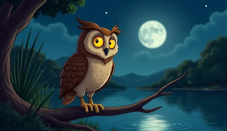 "A large brown owl with bright yellow eyes is perched on a twisted branch near a billabong (a small waterhole). The water reflects the soft moonlight, and a few stars twinkle above. The owl tilts its head slightly as if asking a question, while nearby reed...