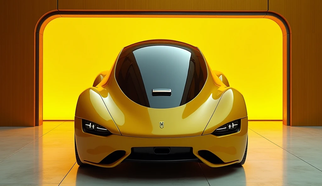 Show me pictures front view from uper side of tunil machine 2025 yellow colour shiny with sleek body in luxury showroom 