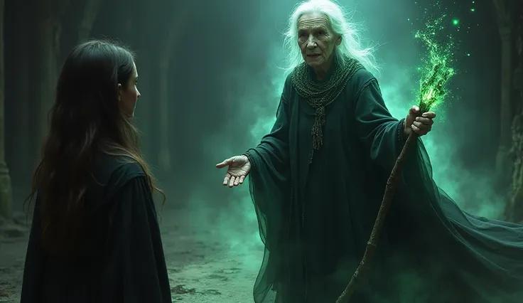 The frail old woman transforming into a powerful witch, her appearance changing with a magical glow. Her robes turn dark and elegant, and her staff glows with mystical energy. Lila looks on in awe.
