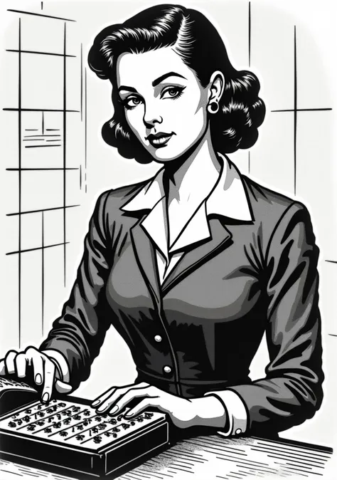 engraving black and white, halftone illustration of a contact center lady, vintage illustration