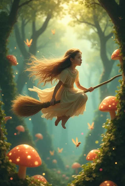 A girl flies on a broom over a fairy forest