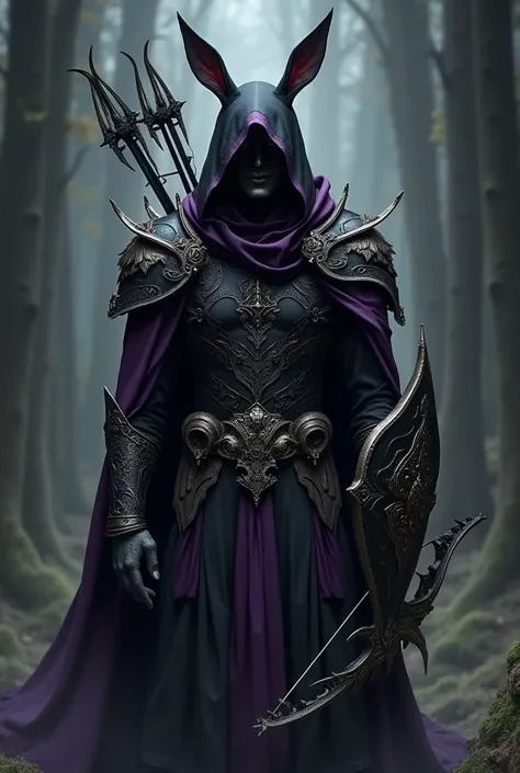 A male human wearing detailed black and purple clothing with a crossbow on the back and shield looking at me with a mask and hood and dark rabbit ear