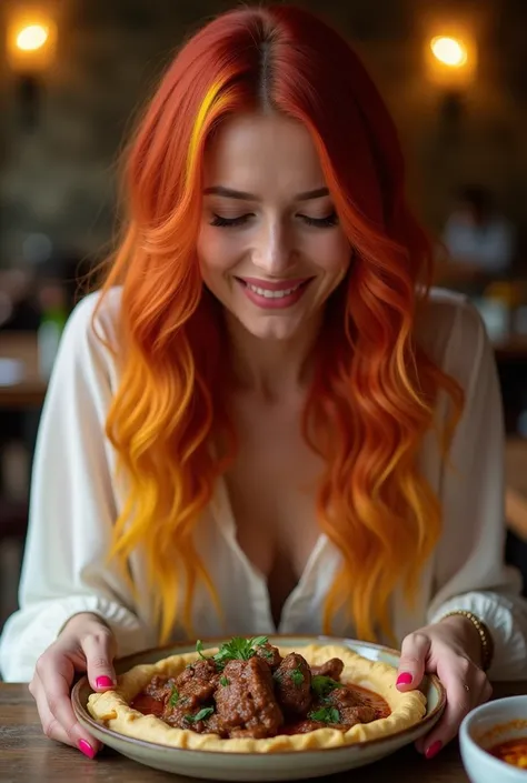 Woman, pink nail polish, beautiful face, UHD, Best quality, red hair, yellow streaks dye, yellow dyed streaks, wavy hair, long hair, hot and sexy, hot theme, long sleeves, arabian dress, enjoy Arabian beef meat dish, arabian style beef dish served in plate...