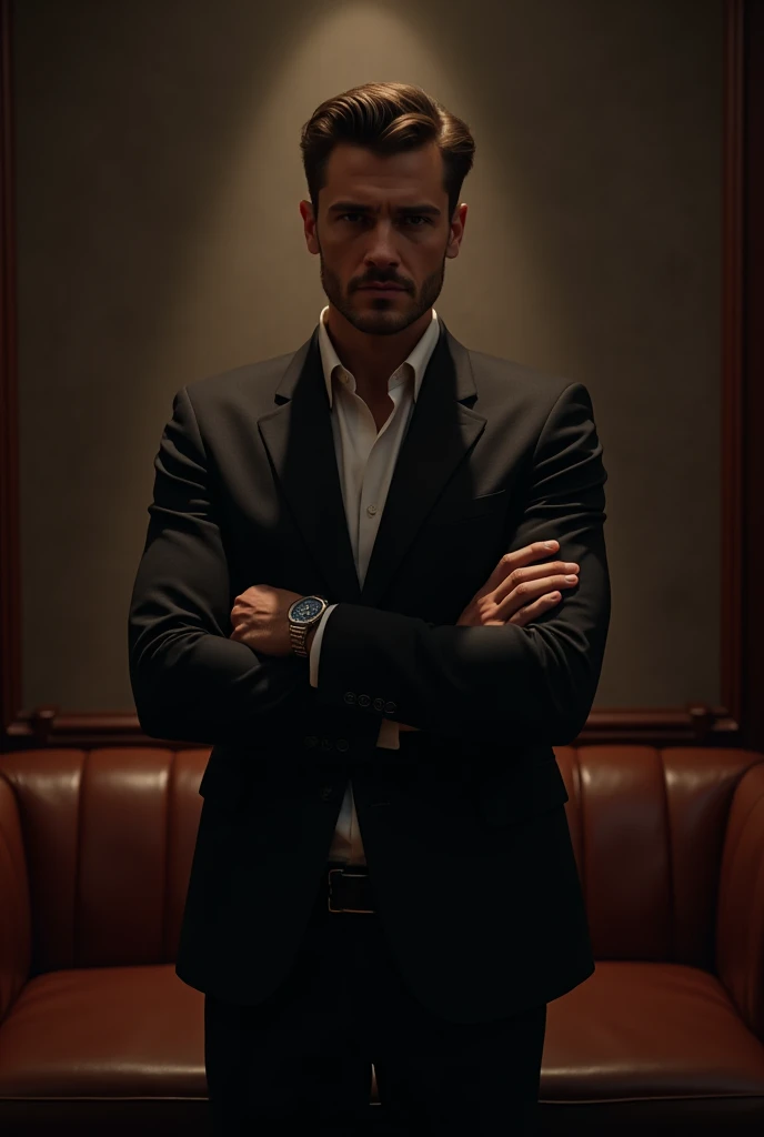 "A confident man in a stylish suit standing in a dimly lit, luxurious lounge, arms crossed, exuding quiet power