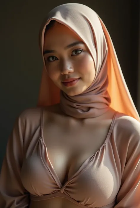 Indonesian women wear transparant hijab with big boob K cup size, portrait foto with warm lighting, detail and sharp, 8k image, 25 years old and beauty, showing her vagina