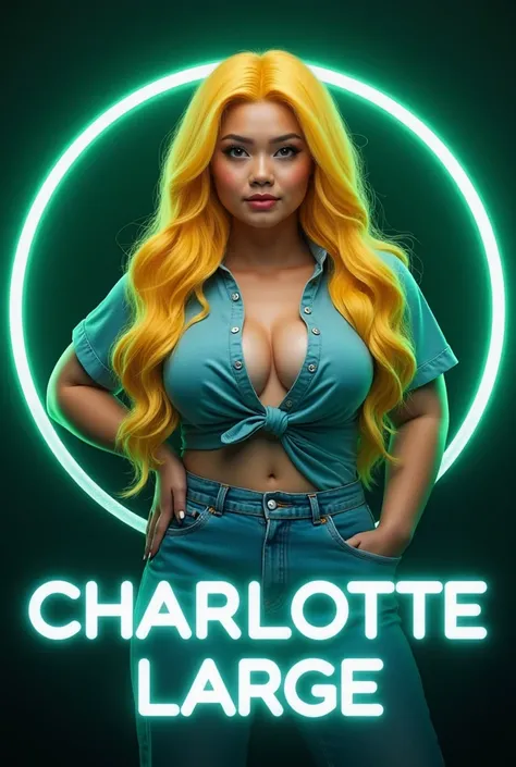  3D image effect ,  realistic ,  a fat indonesian woman ,  blond hair of yellow color ,  casual in a circle frame   ,  decorated with green and blue metallica led, signboard  "CHARLOTTE LARGE". under the written board ( member) underneath the white lion im...