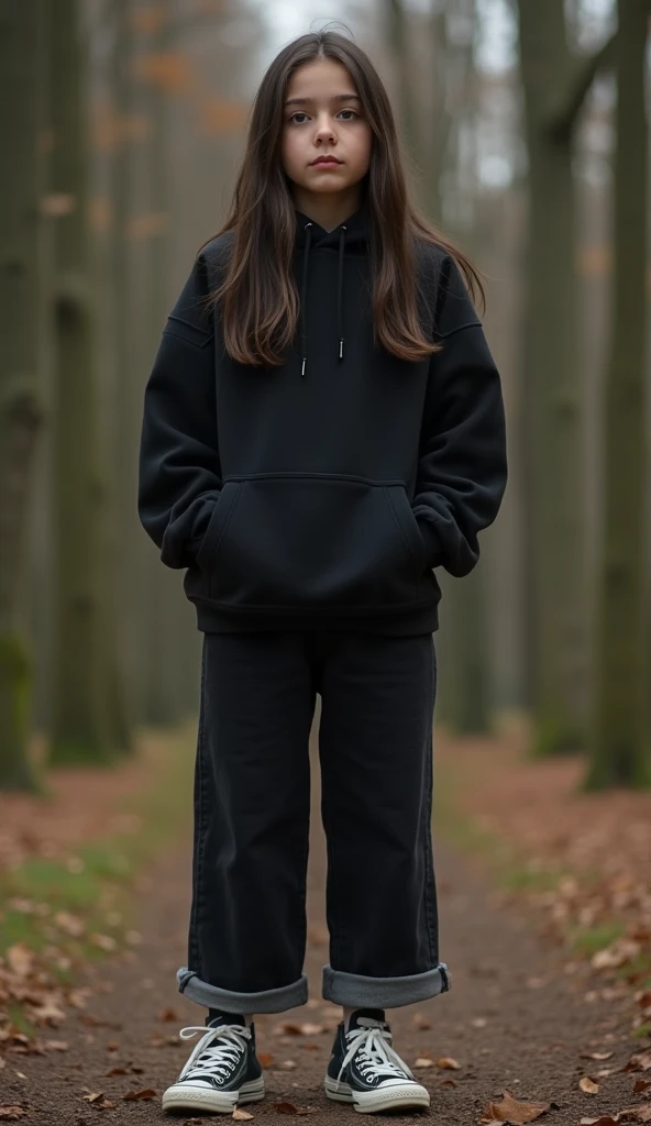 A 23 year old girl, dark brown eyes color, long hair dark brown, braces , fat body, white skin ,  in Dutch blasteran arab style , wearing black hoodie and culottes jeans, wearing black sneakers with white stirpes, full body, background forestry, realistic ...