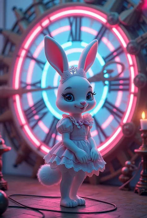 ultra detailed, absolutely resolution, masterpiece. 
neon light art.
A clock made of many gears.
wonderland. 
A cute white rabbit (anthropomorphized) dressed as a maid. 