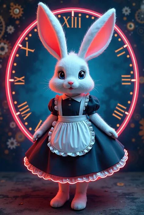 ultra detailed, absolutely resolution, masterpiece. 
neon light art.
A clock made of many gears.
wonderland. 
A cute white rabbit (anthropomorphized) dressed as a maid. 