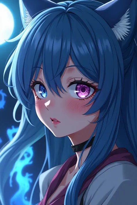 Elderly woman about 40 years old, wrinkles, face close-up, sexy pose,  blushing, right eye blue left eye pink, eyes reflecting stars, close-up of eyes, tattoo, big lips, choker, cute smile , long blue hair, blue cat ears, bright moon, flying blue flames, b...