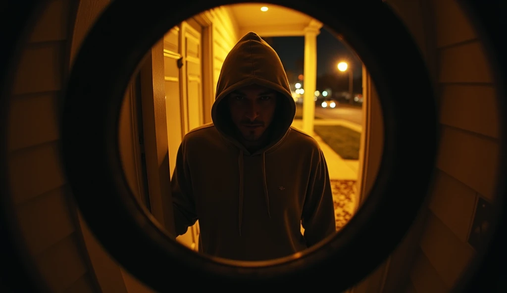 A hyper-realistic and suspenseful scene depicting the view through a peephole of a typical American suburban house at night. The image is distorted by the fisheye lens effect, emphasizing the feeling of unease and claustrophobia.

Standing outside the hous...