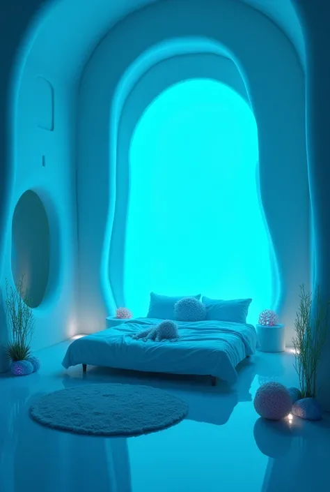 An extraterrestrial bedroom in blue tones 