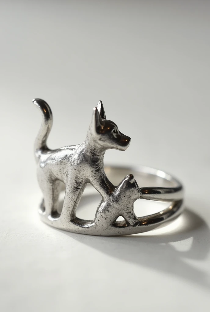 An adjustable ring for women in silver that merges the silhouette of a dog and a cat and that denotes harmony 