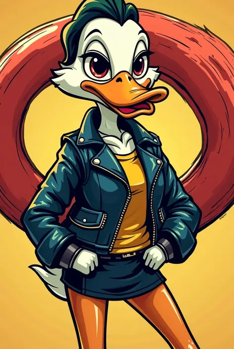 Create an image of a comic-style duck with a mini skirt and a leather jacket and an infinity symbol in the background 