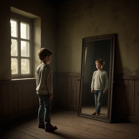 A hyper realistic image of a rustic vintage room.there is a long mirror.A  boy is standing in front of the mirror.he is seeing to the mirror.the boy is seeing the mirror is reflecting a 70 years old version of him.