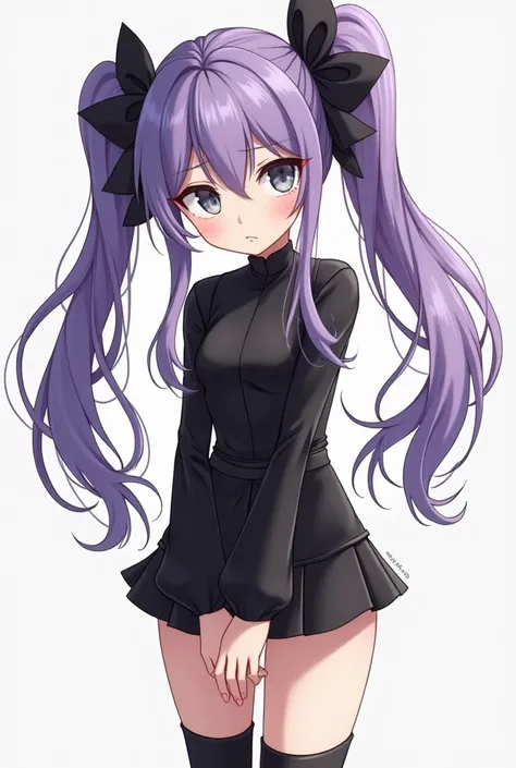 A girl with long purple hair tied into two sides. The hair is slightly twisted at the end. Both sides of the hair are decorated with two black silk ribbons, shaped like a bow. The girl has gray-white eyes, long, sharp black eyelashes. Her face is angular l...